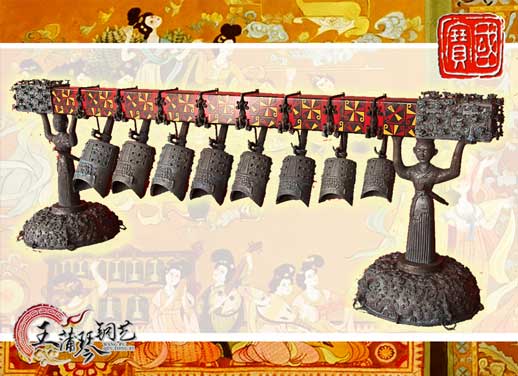8件古編鐘，銅人銅座裝飾，可發(fā)音